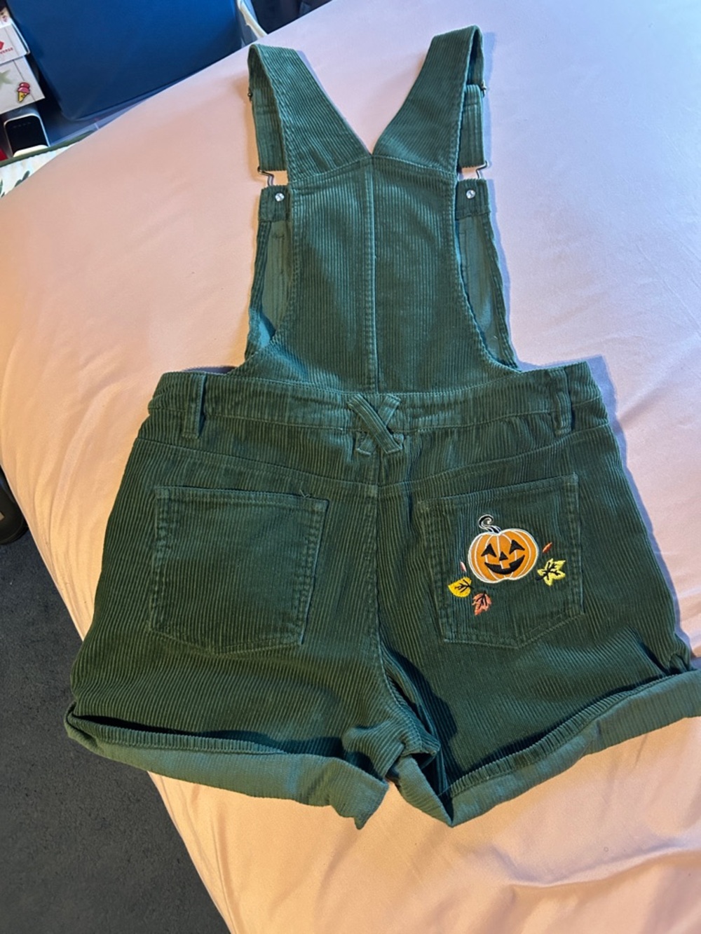 Green Corduroy Short Overalls with Disney Halloween Embroidery - Picture 2 of 9
